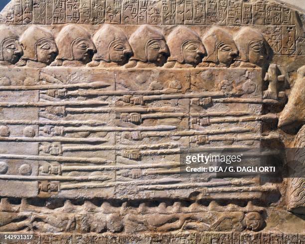 Stele of the Vultures, limestone slab depicting King Eannatum's troops conquering Umma. Artefact from Tello or Telloh, Iraq. Sumerian civilization,...