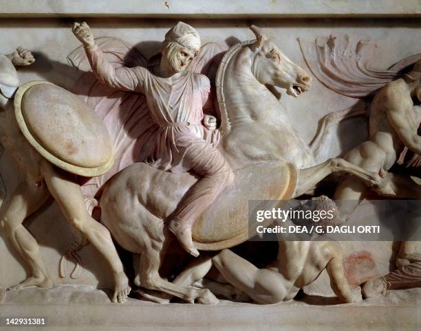 The sarcophagus of Alexander, ca 310 BC, marble work from Sidon, Lebanon. Detail of a Persian who kills an greek. Greek civilization, 4th Century BC....