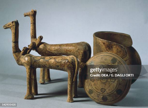 Two animals pulling a chariot, terracotta from a tomb in Volos, in Thessaly, Greece. Greek Civilization, 6th Century BC. Volo, Arheologikó Moussío