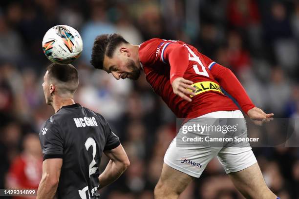 Patrick Antelmi of Sydney United heads the ball during the Australia Cup Final match between Sydney United 58 FC and Macarthur FC at Allianz Stadium...