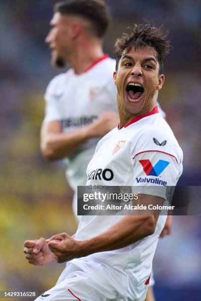 Oliver Torres of Sevilla FC celebrates after scoring their team's first goal during the LaLiga Santander match between Villarreal CF and Sevilla FC...