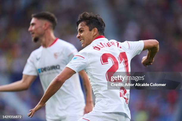 Oliver Torres of Sevilla FC celebrates after scoring their team's first goal during the LaLiga Santander match between Villarreal CF and Sevilla FC...