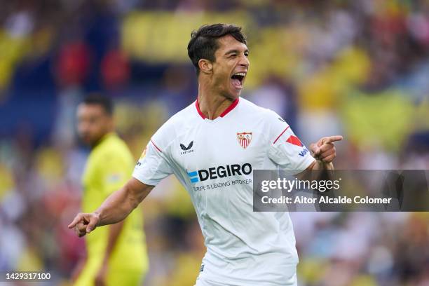 Oliver Torres of Sevilla FC celebrates after scoring their team's first goal during the LaLiga Santander match between Villarreal CF and Sevilla FC...