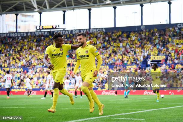 Alex Baena of Villarreal CF celebrates after scoring their team's first goal during the LaLiga Santander match between Villarreal CF and Sevilla FC...