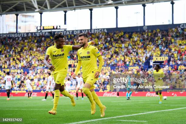 Alex Baena of Villarreal CF celebrates after scoring their team's first goal during the LaLiga Santander match between Villarreal CF and Sevilla FC...