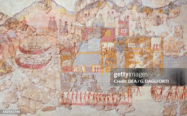 The fleet, Akrotiri fresco, Thera . Minoan Civilization, 16th Century BC. Athens, Ethnikó Arheologikó Moussío