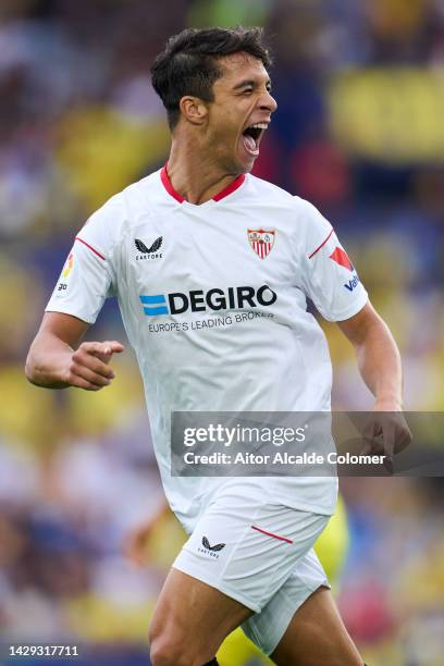 Oliver Torres of Sevilla FC celebrates after scoring their team's first goal during the LaLiga Santander match between Villarreal CF and Sevilla FC...