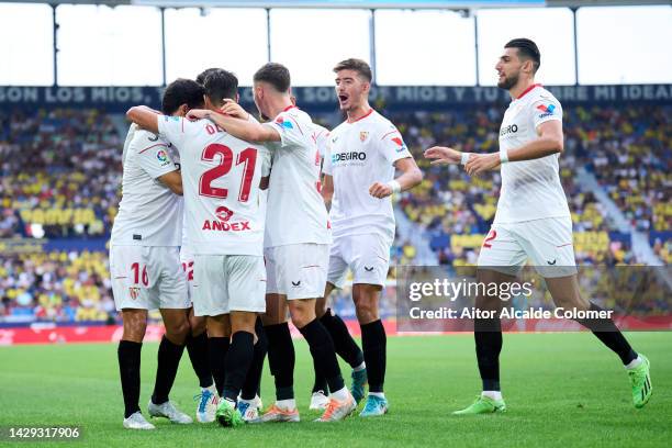 Oliver Torres of Sevilla FC celebrates after scoring their team's first goal during the LaLiga Santander match between Villarreal CF and Sevilla FC...