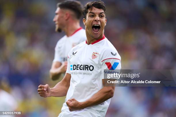 Oliver Torres of Sevilla FC celebrates after scoring their team's first goal during the LaLiga Santander match between Villarreal CF and Sevilla FC...