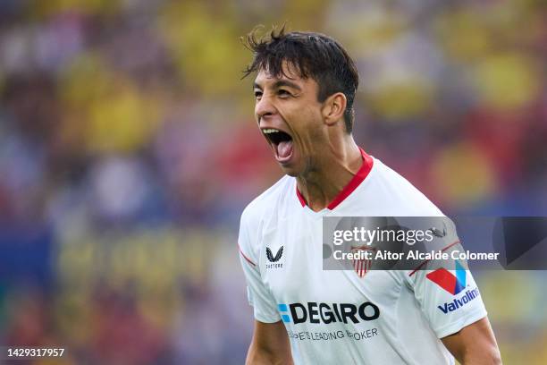 Oliver Torres of Sevilla FC celebrates after scoring their team's first goal during the LaLiga Santander match between Villarreal CF and Sevilla FC...