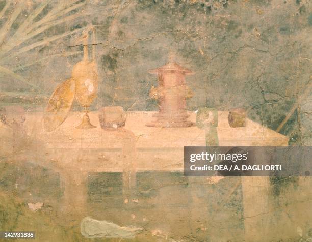 Fresco depicting a table spread, from the Roman Villa of Boscoreale . Roman Civilization. 1st Century. Naples, Museo Archeologico Nazionale
