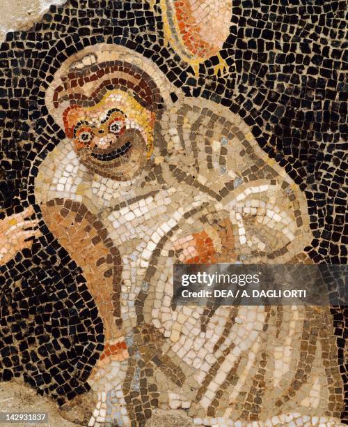 Mosaic depicting a masked actor, from the Villa of Cicero at Pompeii, , Campania. Roman Civilization, 2nd Century BC. Naples, Museo Archeologico...