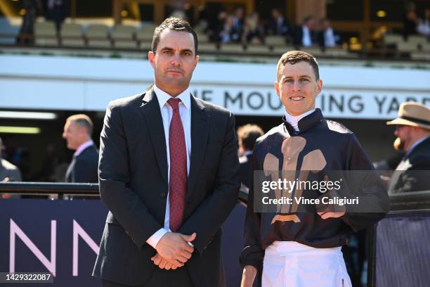 Damian Lane poses with trainer Andrew Forsman after riding She's Licketysplit to win Race 3, the Tab Edward Manifold Stakes, during Turnbull Stakes...