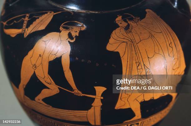 Amphora, attributed to the painter Oinokles, red-figure pottery. Detail showing Hercules and Sileo. Greek Civilization, 6th-5th Century BC. Paris,...