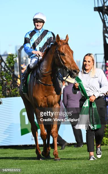 Ethan Brown riding Smokin' Romans after winning Race 7, the Tab Turnbull Stakes, during Turnbull Stakes Day at Flemington Racecourse on October 01,...
