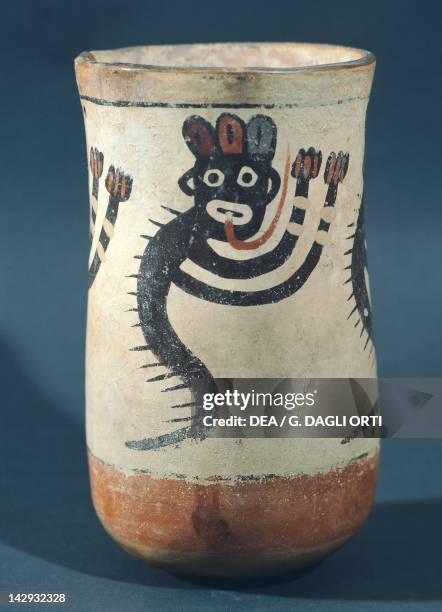 Polychrome vase showing a depiction of a stylized animal, artifact originating from Nazca . Pre-Inca Nazca Civilization, 200-700. Lima, Museo...