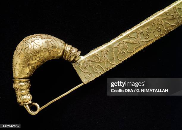 Gold leech-shaped fibula from the Tomb of Littore di Vetulonia . Etruscan Civilization, 6th Century BC. Florence, Museo Archeologico Nazionale