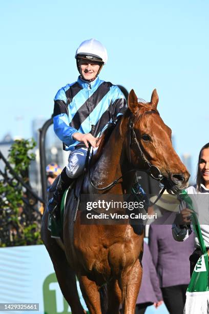 Ethan Brown riding Smokin' Romans after winning Race 7, the Tab Turnbull Stakes, during Turnbull Stakes Day at Flemington Racecourse on October 01,...