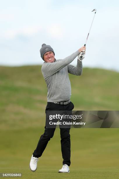 Sir AP McCoy, former Racing Jockey, plays their second shot on the 4th hole on Day Three of the Alfred Dunhill Links Championship at Kingsbarns Golf...