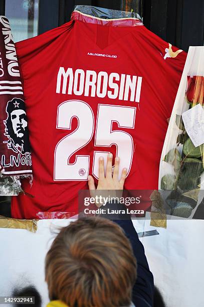 Fans pay their respects to footballer Piermario Morosini outside the Armando Picchi Stadium on April 15, 2012 in Livorno, Italy. 25-year-old Italian...