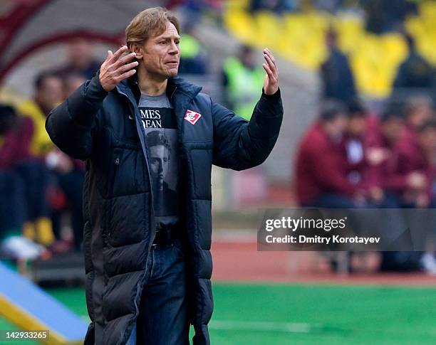 Coach Valery Karpin of FC Spartak Moscow reacts during the Russian Football League Championship match between FC Spartak Moscow and FC Rubin Kazan at...