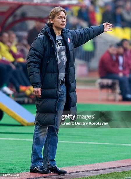 Coach Valery Karpin of FC Spartak Moscow reacts during the Russian Football League Championship match between FC Spartak Moscow and FC Rubin Kazan at...