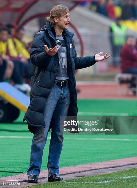 Coach Valery Karpin of FC Spartak Moscow reacts during the Russian Football League Championship match between FC Spartak Moscow and FC Rubin Kazan at...