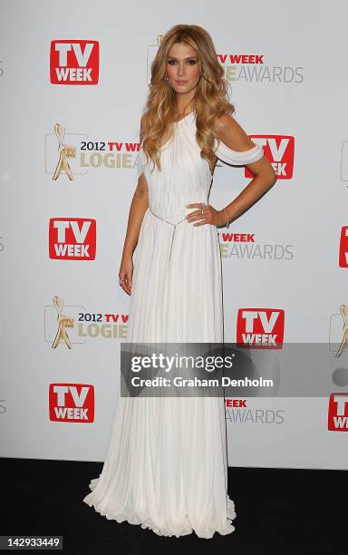 Delta Goodrem poses in the awards room at the 2012 Logie Awards at the Crown Palladium on April 15, 2012 in Melbourne, Australia.