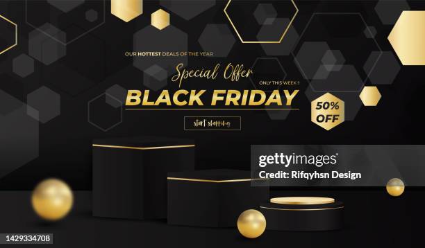 black friday sale with 3d realistic cylinder pedestal podium and flying black and red gold balloons in dark black background - shiny ball with shadow stock illustrations