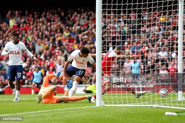 Gabriel Jesus of Arsenal scores their sides second goal during the Premier League match between Arsenal FC and Tottenham Hotspur at Emirates Stadium...