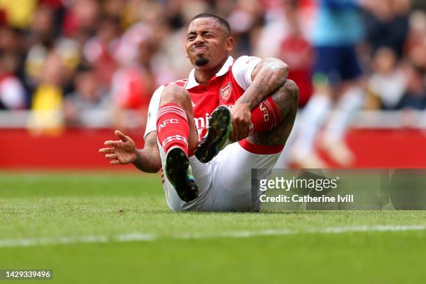 Gabriel Jesus of Arsenal is seen injured during the Premier League match between Arsenal FC and Tottenham Hotspur at Emirates Stadium on October 01,...
