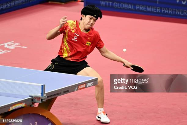 Wang Chuqin of China competes against Naranjo Angel of Puerto Rico during the Men's Group match between China and Puerto Rico on Day 2 of 2022 ITTF...