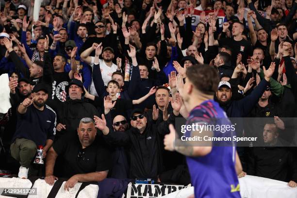 Danijel Nizic of Sydney United thanks fans following the Australia Cup Final match between Sydney United 58 FC and Macarthur FC at Allianz Stadium on...