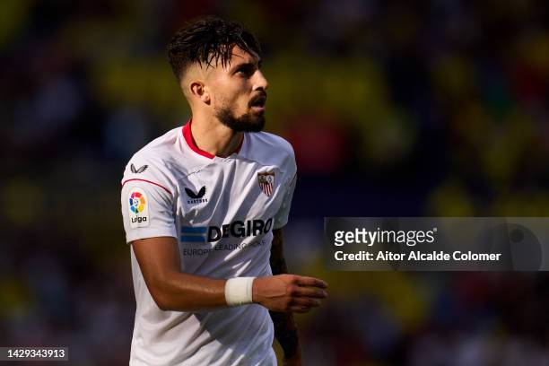 Alex Telles of Sevilla FC reacts during the LaLiga Santander match between Villarreal CF and Sevilla FC at Estadio de la Ceramica on September 18,...