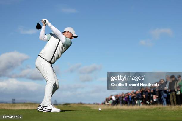 Rory McIlroy of Northern Ireland tees off on the 4th hole on Day Three of the Alfred Dunhill Links Championship on the Old Course St. Andrews on...