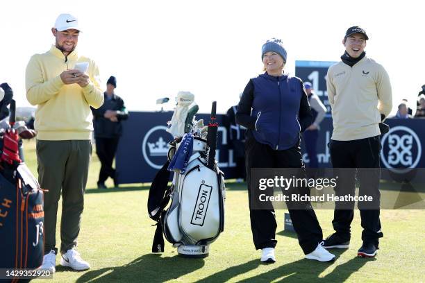 Alex Fitzpatrick of England laughs with their mother Susan Fitpatrick laughs and brother Matthew Fitzpatrick on Day Three of the Alfred Dunhill Links...