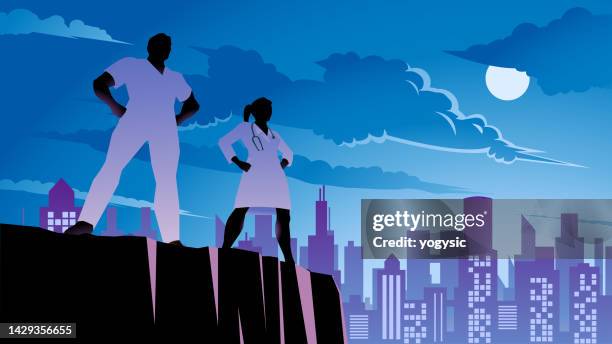 vector superhero doctors silhouette in a city stock illustration - public service stock illustrations