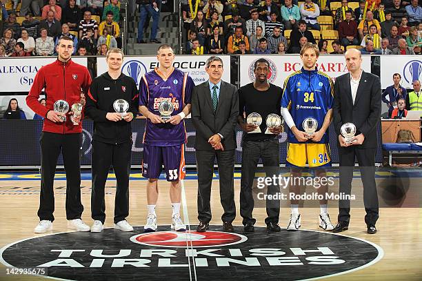 Jonas Valanciunas of Lietuvos Rytas, Renaldas Seibutis of Lietuvos Rytas, Nik Caner-Medley of Valencia Basket, Jordi Bertomeu, CEO of Euroleague...