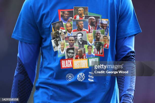 Birmingham City and Sheffield United players wear Black History Month shirts during the warm up prior to the Sky Bet Championship between Sheffield...