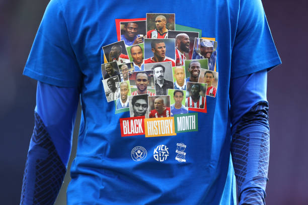 Birmingham City and Sheffield United players wear Black History Month shirts during the warm up prior to the Sky Bet Championship between Sheffield...