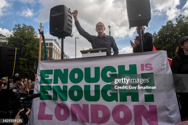 Jeremy Corbyn MP addresses the rally on October 1, 2022 in London, England. Today the UK Government's £150bn energy price guarantee comes into effect...