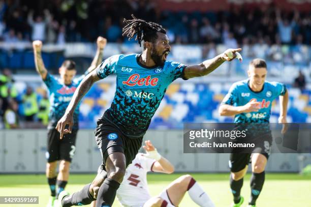 André-Frank Zambo Anguissa of SSC Napoli celebrates after scoring a goal to make it 1-0 during the Serie A match between SSC Napoli and Torino FC at...