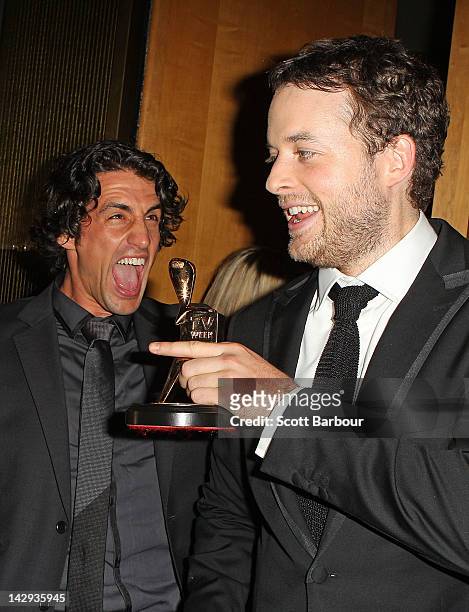Hamish Blake poses with Andy Lee after Blake won the Gold Logie at the 2012 Logie Awards at the Crown Palladium on April 15, 2012 in Melbourne,...