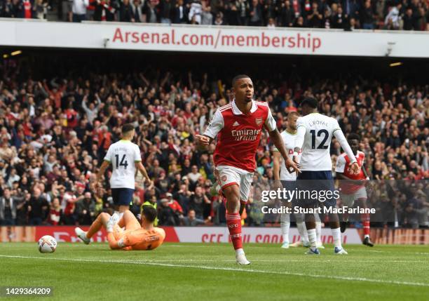 Gabriel Jesus celebrates scoring the 2nd Arsenal goal during the Premier League match between Arsenal FC and Tottenham Hotspur at Emirates Stadium on...