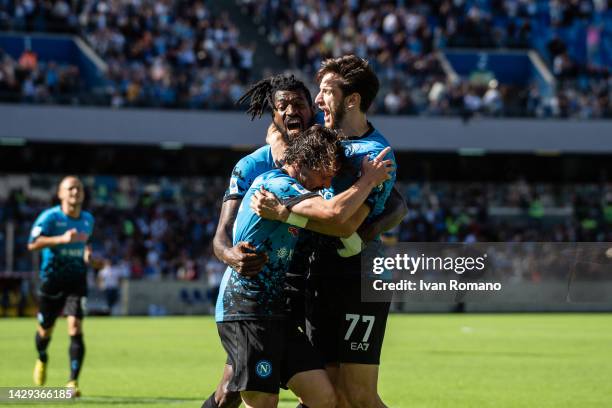 André-Frank Zambo Anguissa of SSC Napoli celebrates with team mates after scoring their first goal during the Serie A match between SSC Napoli and...