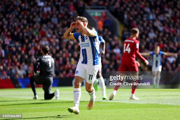 Leandro Trossard of Brighton & Hove Albion celebrates after scoring their sides first goal during the Premier League match between Liverpool FC and...