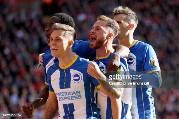 Leandro Trossard of Brighton & Hove Albion celebrates with team mates after scoring their sides first goal during the Premier League match between...