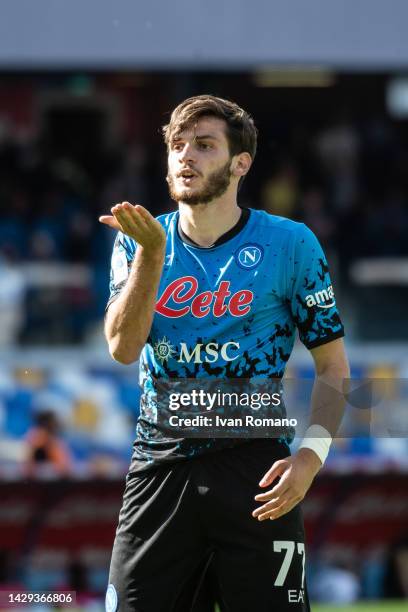 Khvicha Kvaratskhelia of SSC Napoli celebrates after scoring his team's third goal during the Serie A match between SSC Napoli and Torino FC at...