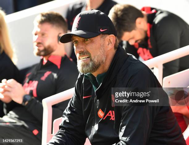 Jurgen Klopp manager of Liverpool Before the Premier League match between Liverpool FC and Brighton & Hove Albion at Anfield on October 01, 2022 in...