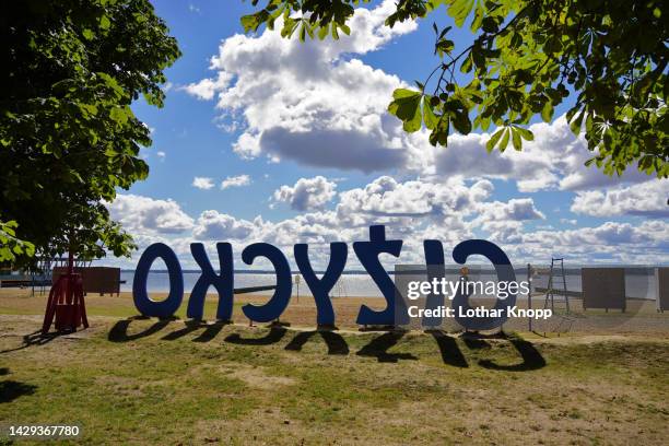 the beach of gizycko / lötzen with lake niegocin - gizycko stock pictures, royalty-free photos & images